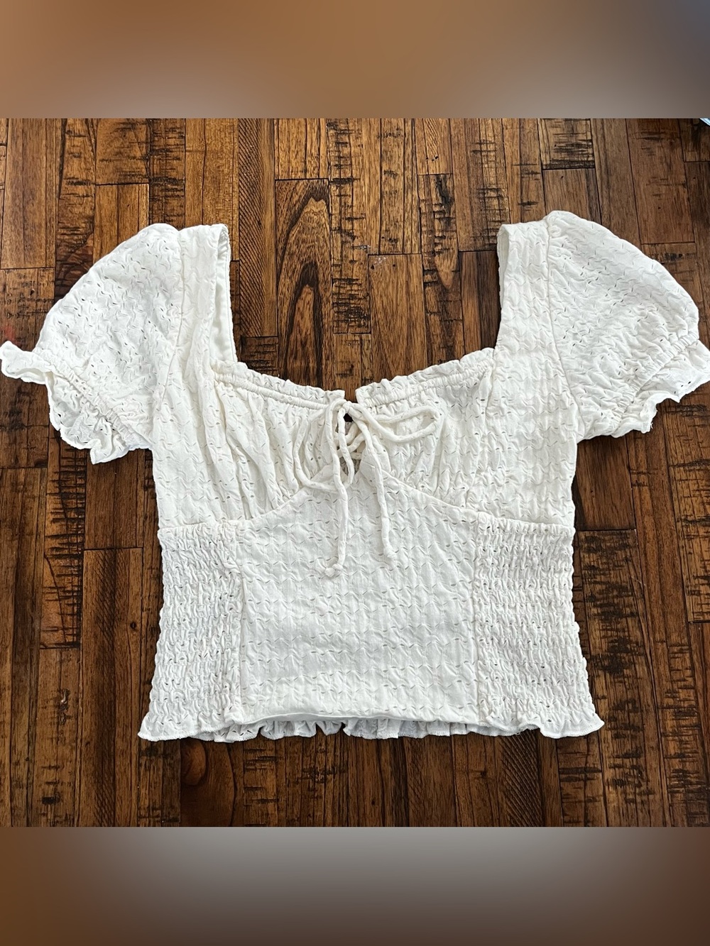 Urban Romantic Smocked Puff Sleeve Tie-Front Crop Top - White cream Sz M